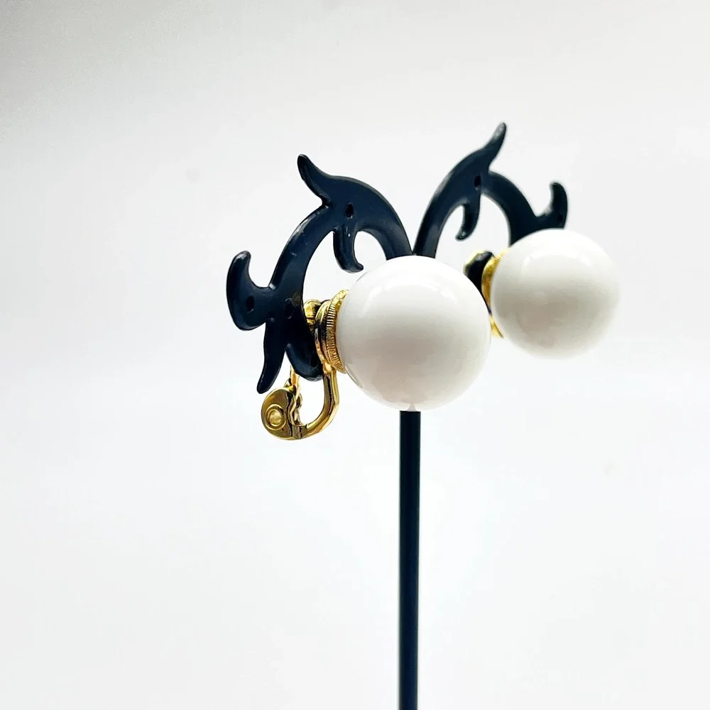 Signed Monet Earrings White Bead Clip On Gold Tone Vintage Classic Costume